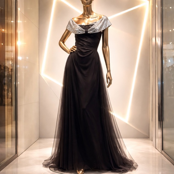 Xpluswear Dresses & Skirts - Elegant Black Maxi Dress with Silver Accents